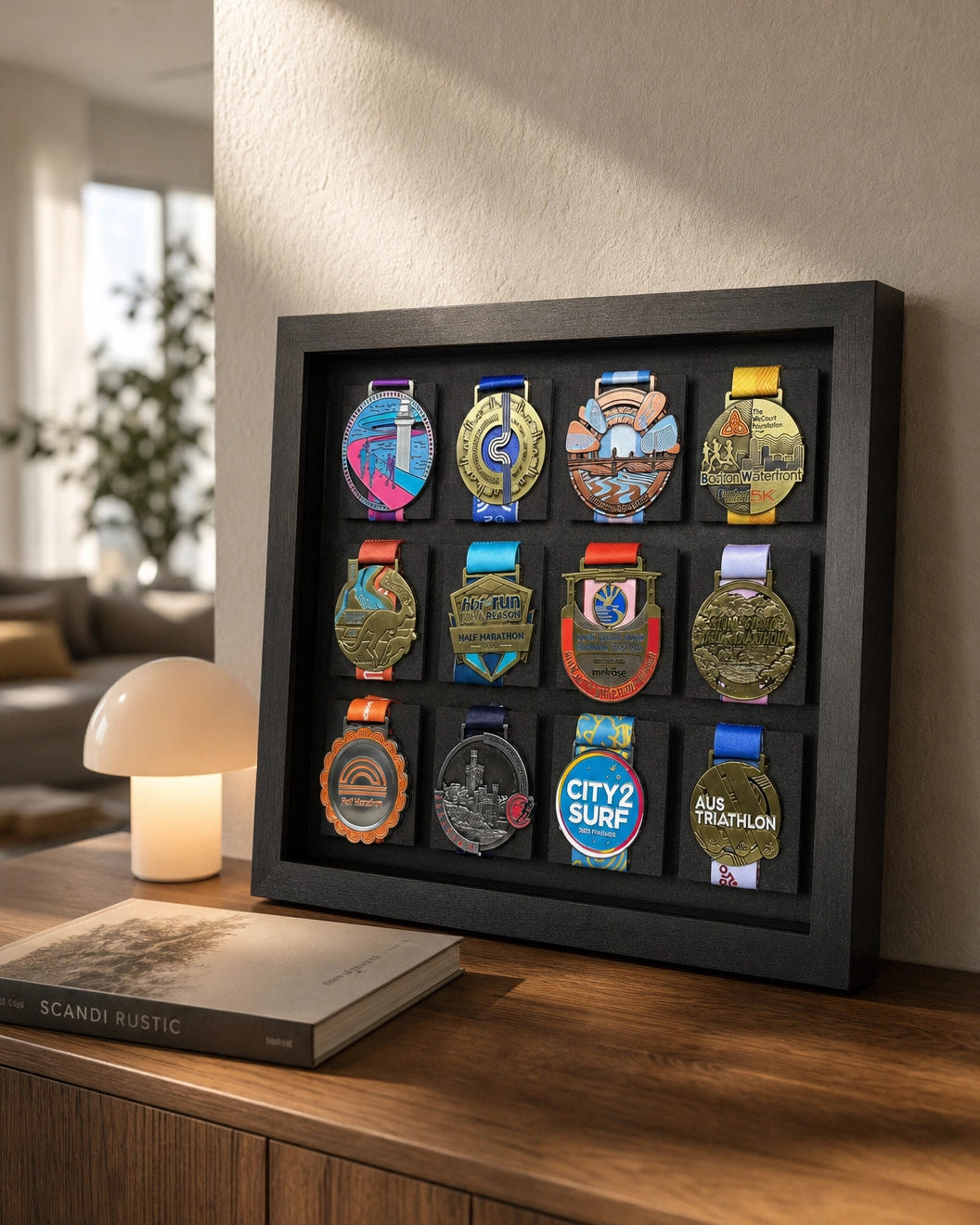 Black shadow box displaying various medals on a wooden surface with a lamp and book in the background.