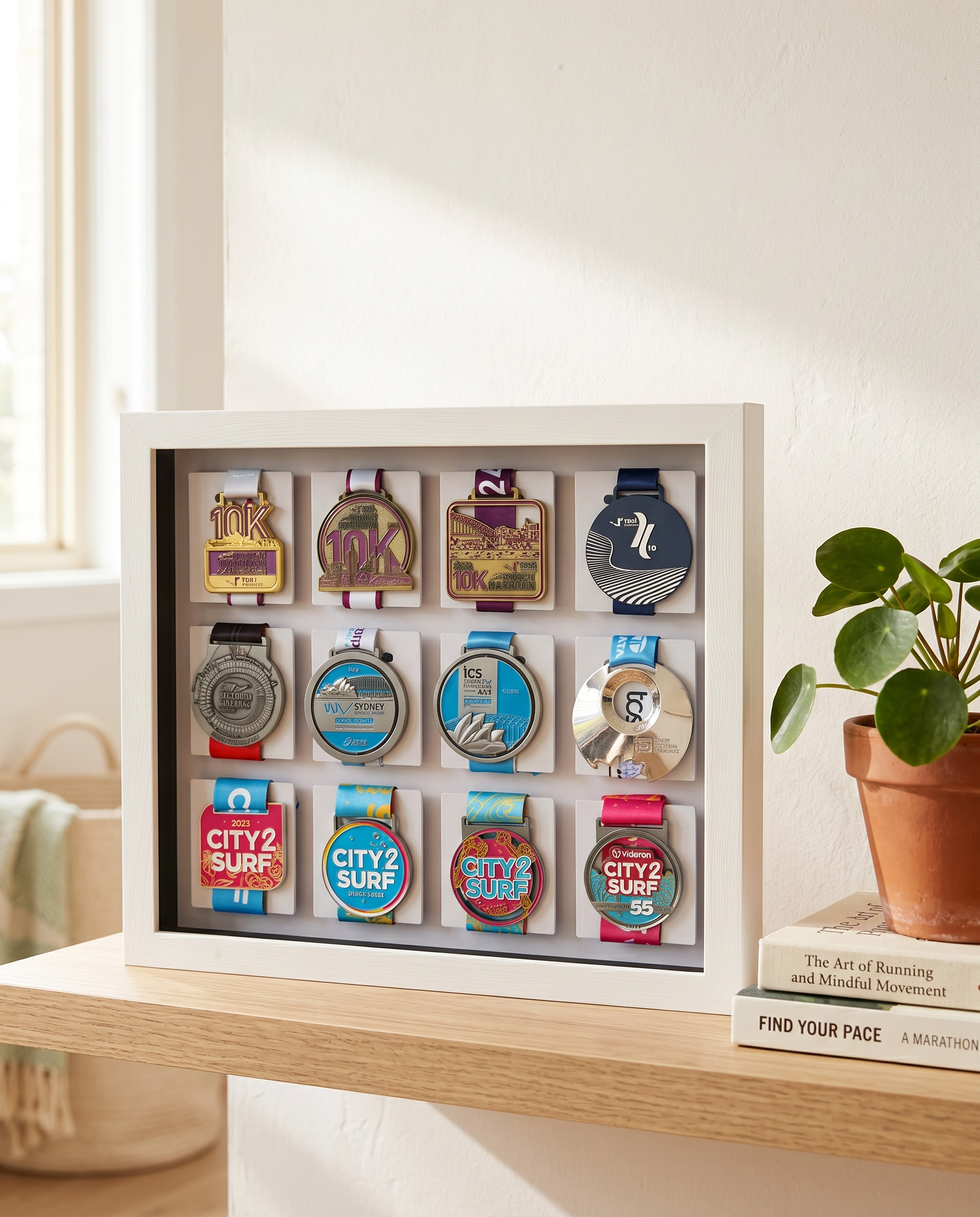 Collection of medals displayed in a shadow box on a desk with a plant in the background.