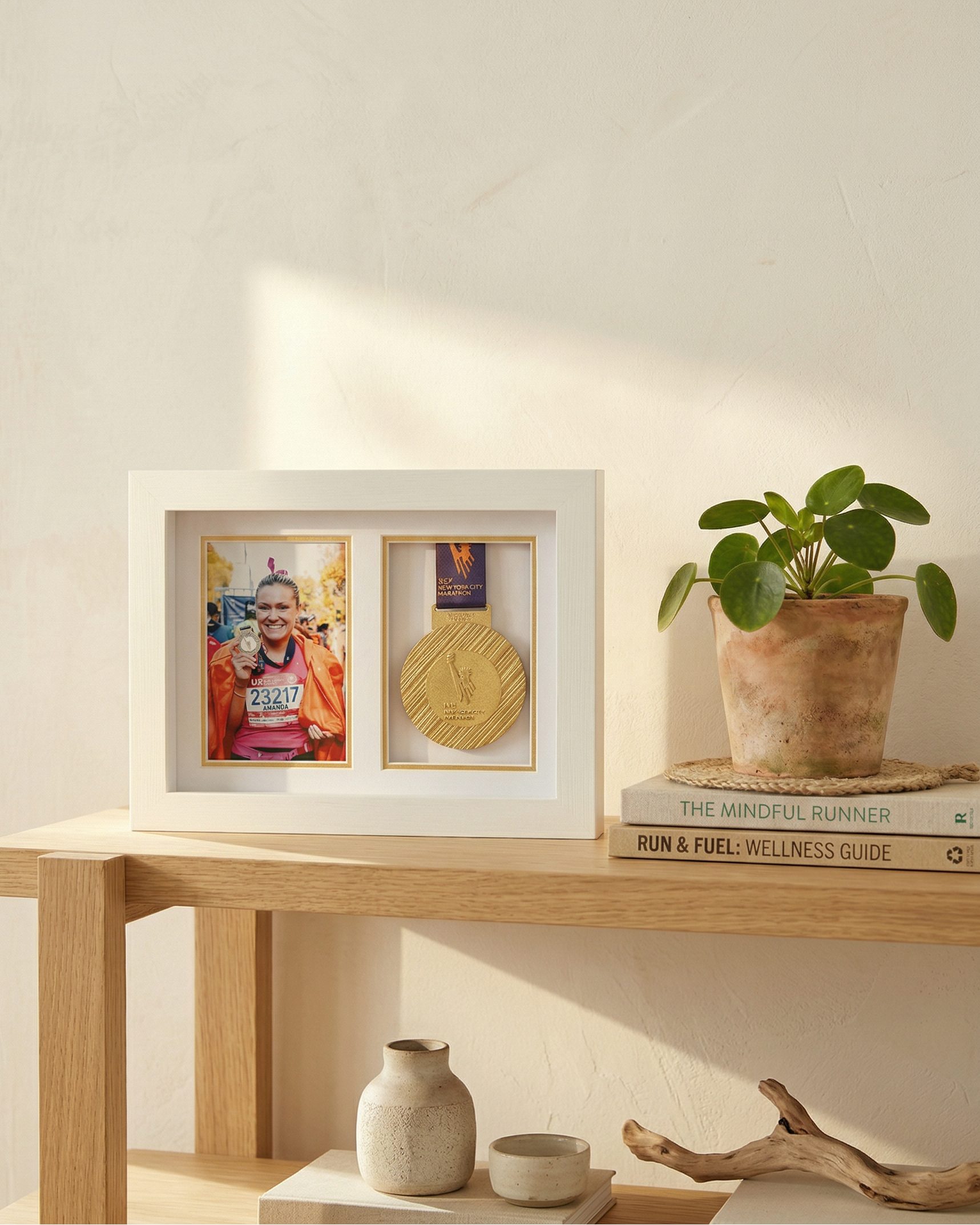 Framed photo of a person with anew york marathon medal on a wooden shelf with a plant and books.